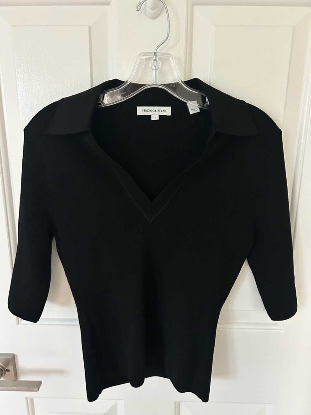 Veronica Beard Women’s Emily Polo Black Stretch Short Sleeve Top - Picture 2 of 4
